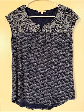 Mossimo Supply Co. Navy & White Patterned Cap Sleeve Tank